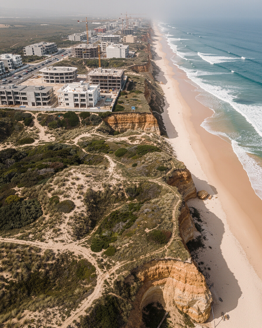 Vista aérea da costa portuguesa com construção junto ao mar